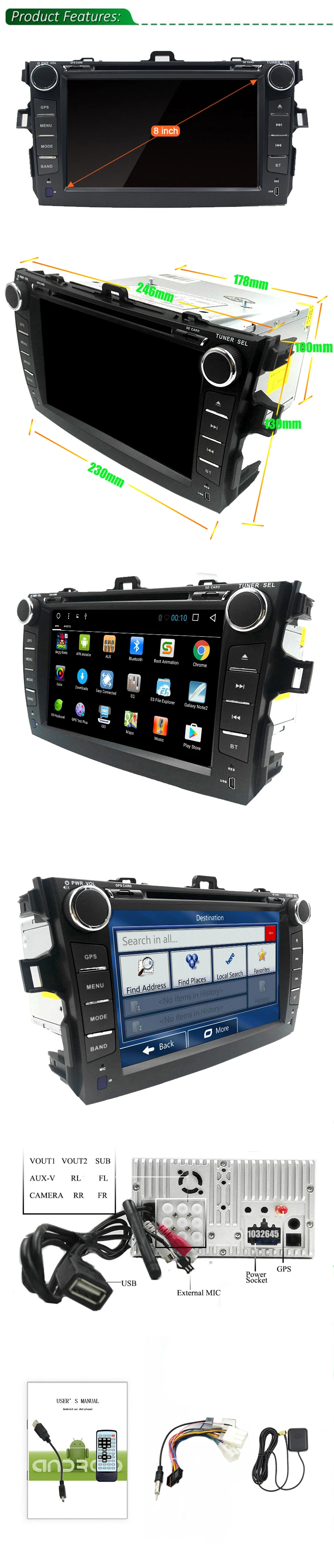 Best 2 din Quad Core android 8.1 car dvd Bluetooth Wheel Audio Control Steering for toyota corolla 2007 2008 2009 2010 2011 0