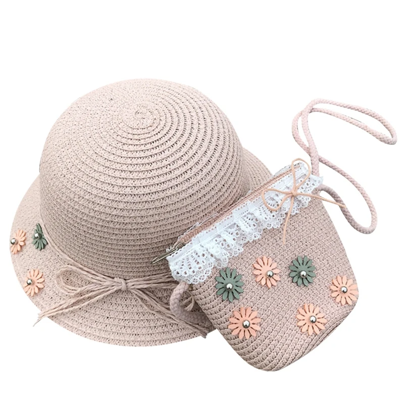 

Straw Sun Hat Bag Set, Cute Bow Summer Beach Flower Bow Lace Sun Cap And Handbag For Kids Girls