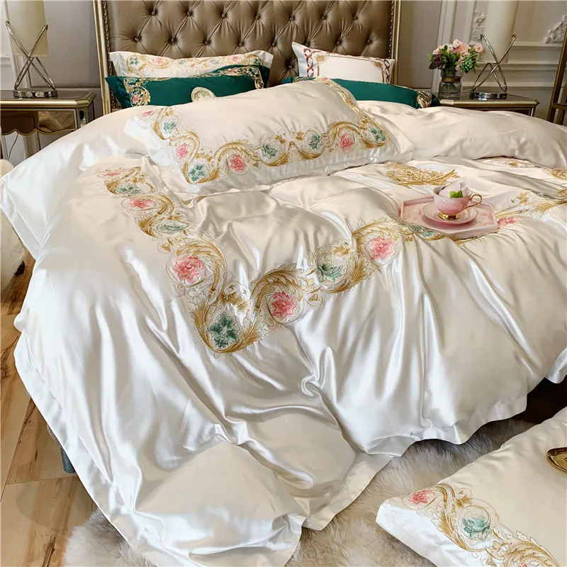

Luxury Royal Flowers Embroidery 100S Egyptian Cotton White Green Bedding Set Silk Duvet Cover Bed sheet Bed Linen Pillowcases