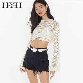 

HYH Haoyihui 2019 New Arrival Western Style Solid Color Diamond Mesh Knitting Perspective Bell Sleeve Beach Wind Bikini Smock