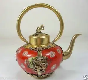 

china old collectable handwork porcelain teapot armored dragon butterfly Garden Decoration 100% real Tibetan Silver Brass