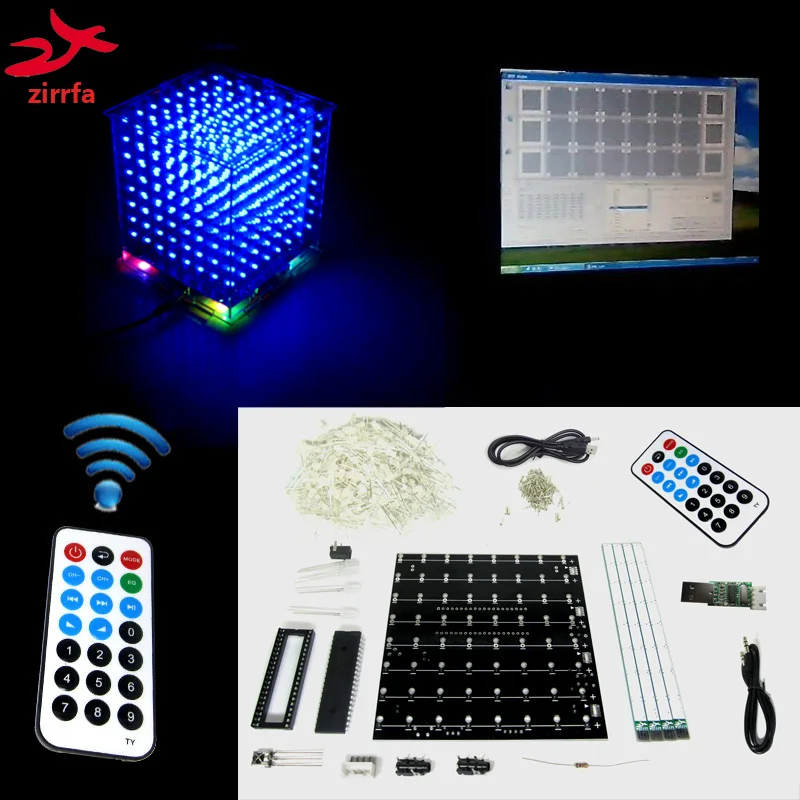 

zirrfa Christmas Gift 3D 8S mini Light cubeeds remote with animation Effects /3D8 8x8x8 LED Music Spectrum,electronic diy kit