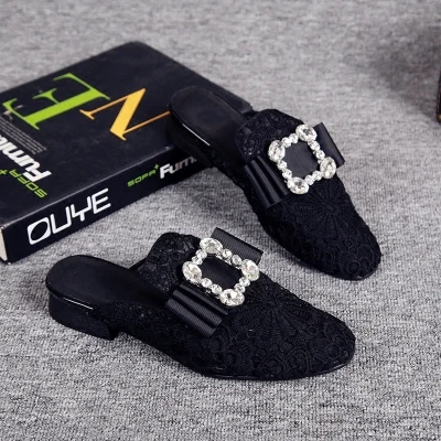 

2019 summer new women's shoes bow lace rhinestone square with sandals and slippers women's low heel sandals women's tide