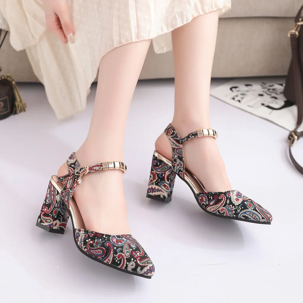 SAGACE/Женская обувь на высоком квадратном каблуке; босоножки с ремешком на щиколотке и пряжкой; Летние повседневные пикантные однотонные туфли-лодочки высокого качества на высоком каблуке