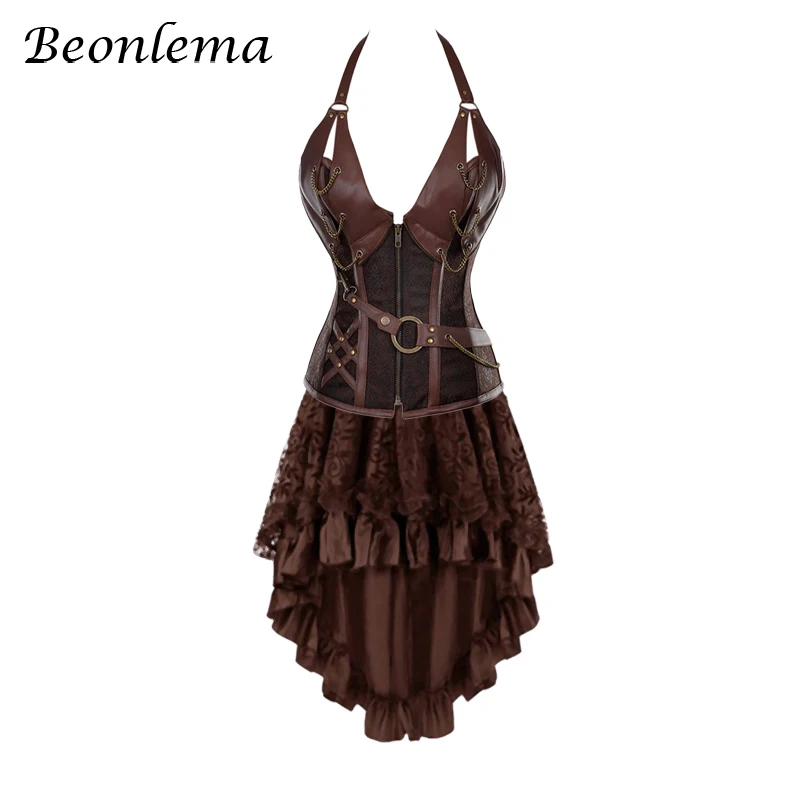

Beonlema Women Corset Dress Faux Leather Corset Top Mesh Tutu Skirt Steampunk Corset Set Black Goth Korse Plus Size S-6XL