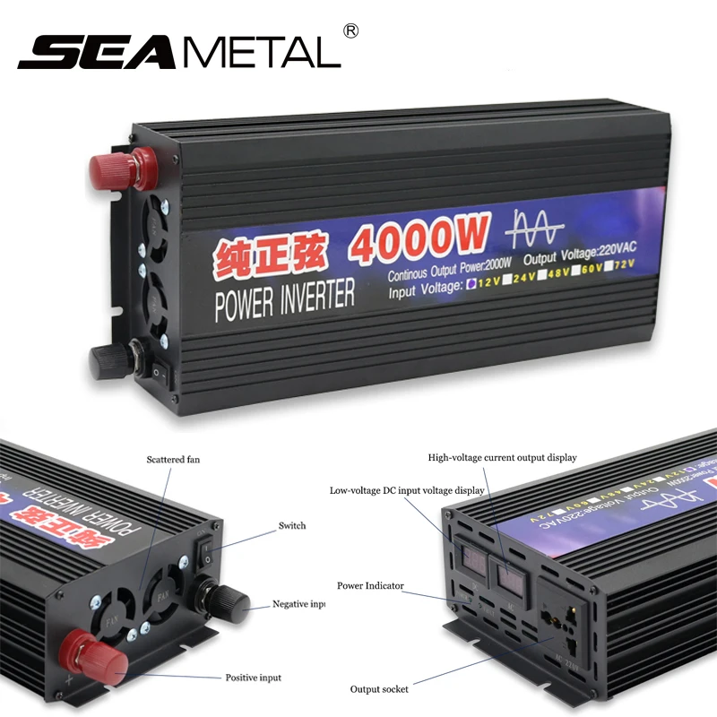 Car Inverter Pure Sine Wave 4000W 2000W Power DC 12V AC 220V Inverter