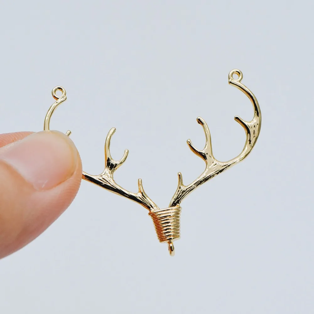 

10pcs Gold Buckhorn Pendants 41x32mm, Real 18K Gold plated Brass, Deer Horn Antlers Connector Charms (GB-427)