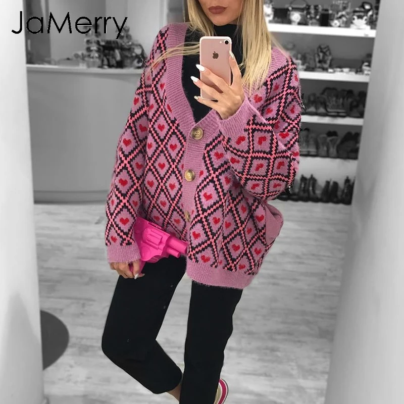 

JaMerry Heart print knitted cardigan women Single breasted female sweater cardigan 2018 Autumn winter oversized cardigan jumper