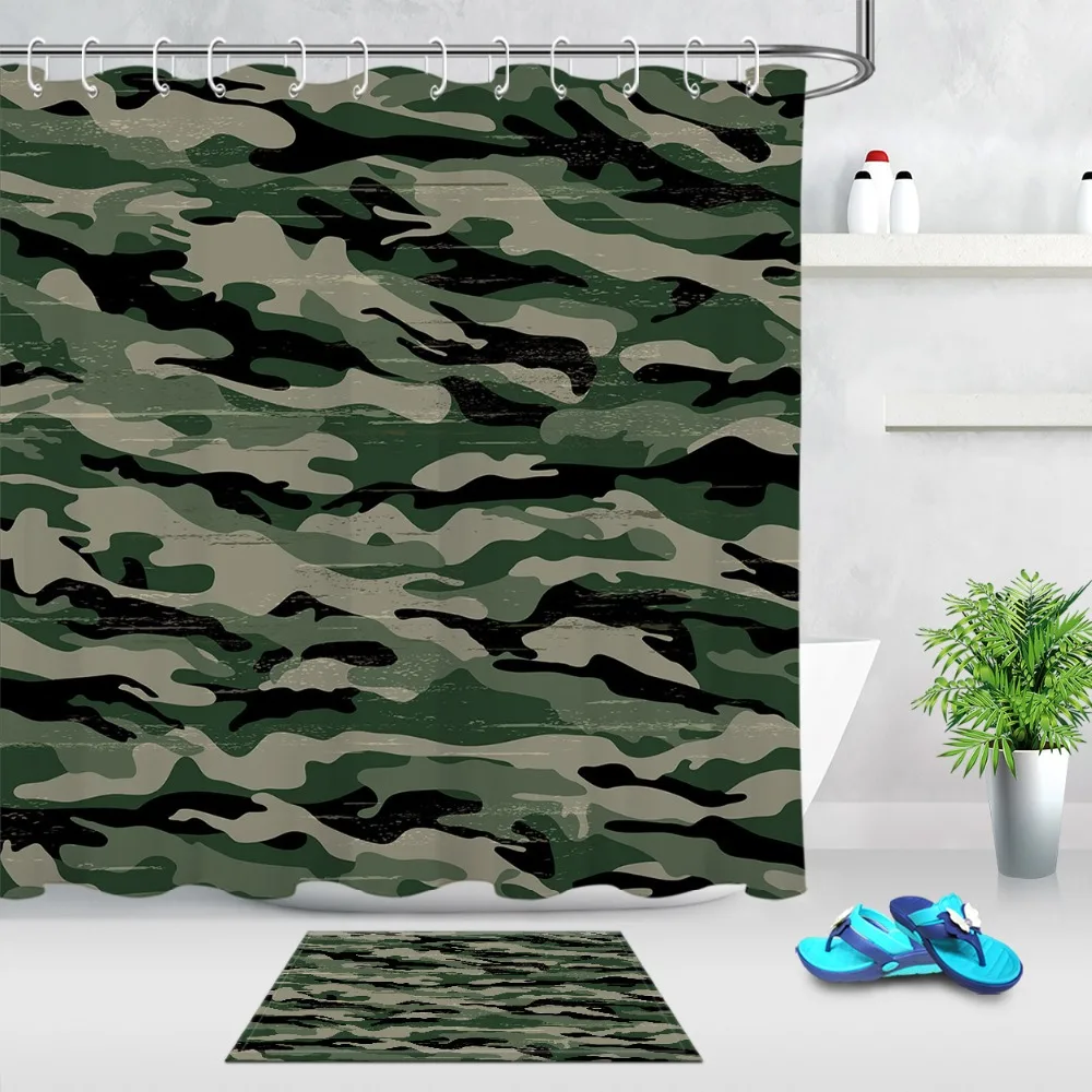 

LB Camouflage Pattern Shower Curtain with Mat Set Extra Long Waterproof Eco-Friendly Bathroom Polyester Fabric For Bathtub Decor