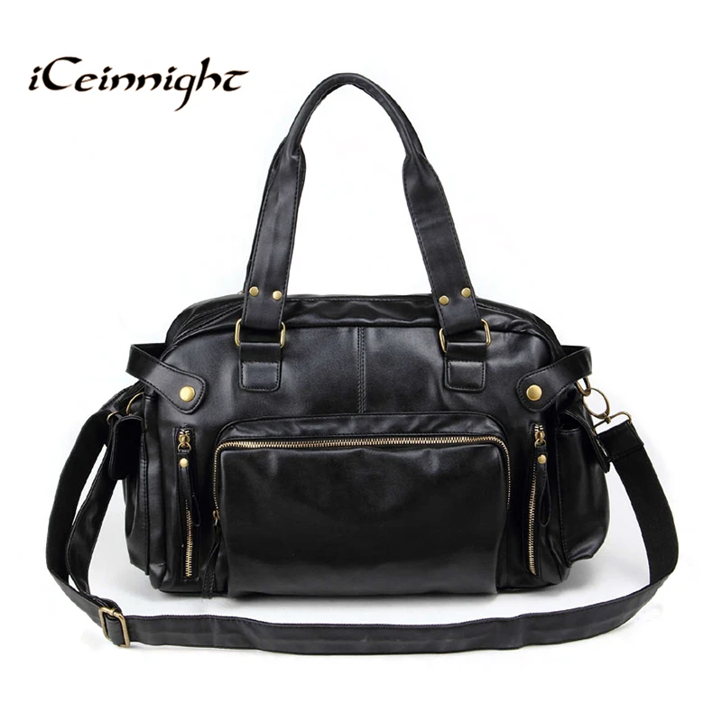 iCeinnight Vintage men messenger bags high quality soft pu leather solid hand bags large capacity travel