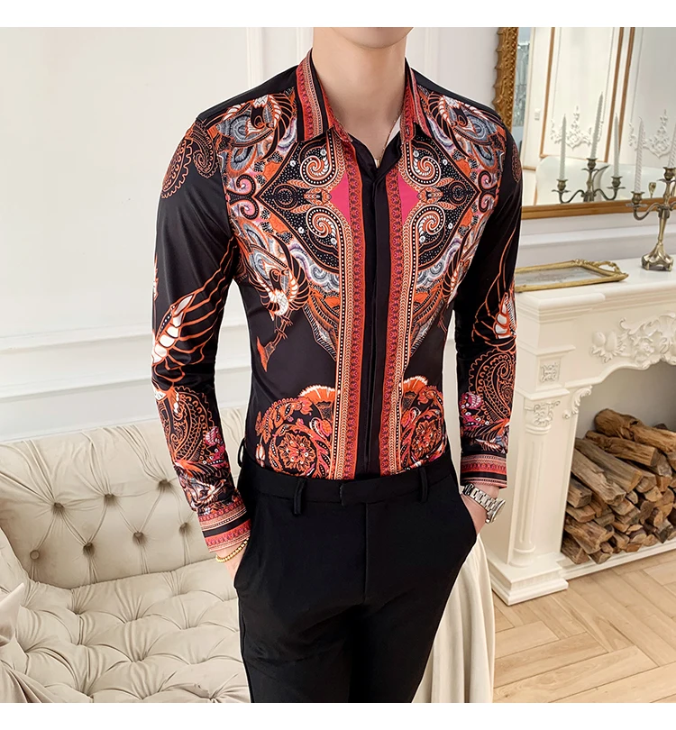 Мужские рубашки с длинным рукавом Club Camisa Social Design рубашки с принтом Мужские s повседневные Атласные Рубашки цветы Дизайнерская мужская