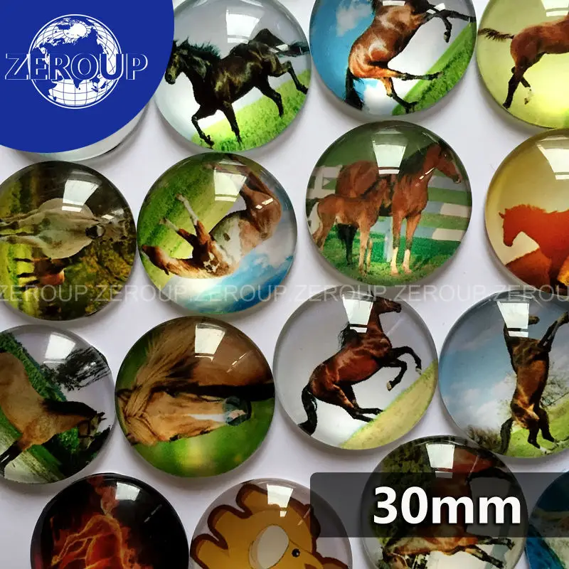 

30mm round glass cabochon horse pictures mixed pattern fit cameo base setting for jewelry embellishment flatback 10pcs/lot