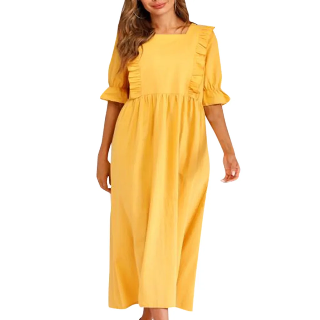 

2019 Summer Women Dress Sundress Cotton Linen Solid Color Half Sleeve Long Loose Plus Size Ankle-Length Dress L510