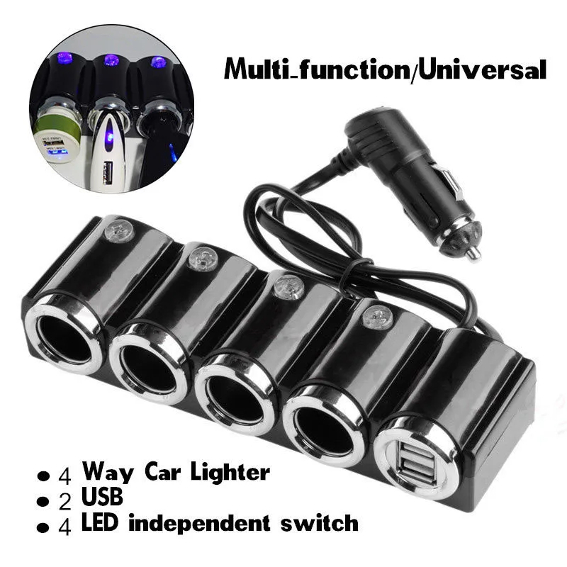

2 USB Port 4 Way car cigarette lighter Multi socket splitter DC 12~24V USB Power Charger Adapter for iPhone Smartphones Black