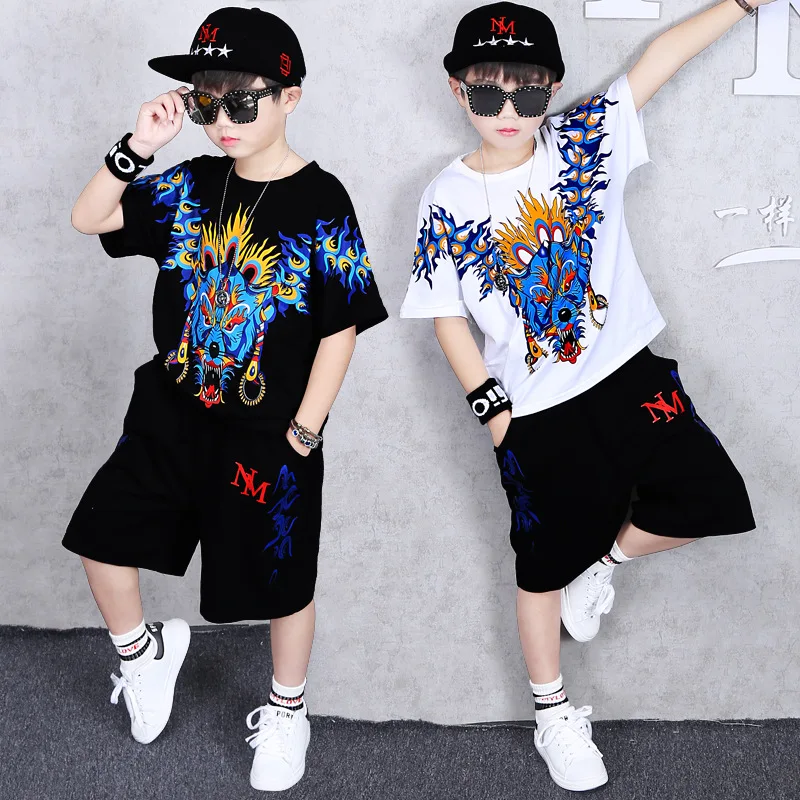 

Summer boys' new Korean version children's clothing two pieces sets children's cartoon movement hip-hop size 110 120 130 140