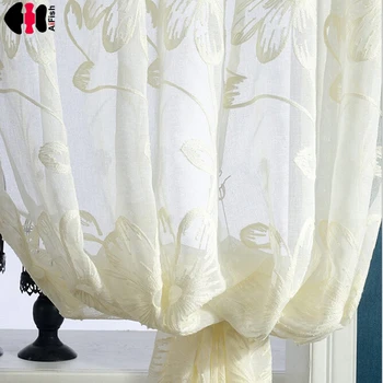

Rustic Country Graceful Flower Blossoms Hand Embroidery Sheer Blinds Elegant Window Drapes Semi-Shading Sheer Voile WP003B
