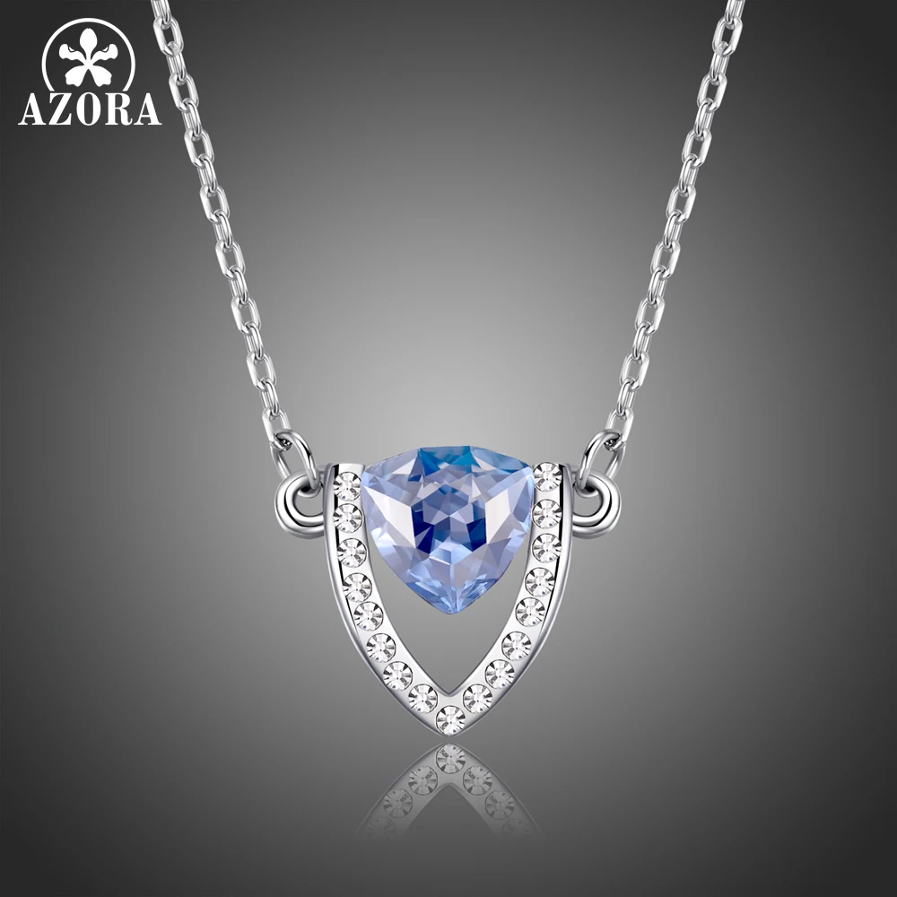 

AZORA White Gold Color Shield Pendant Necklace with Blue Austrian Crystals Stone Defend My Love TN0250