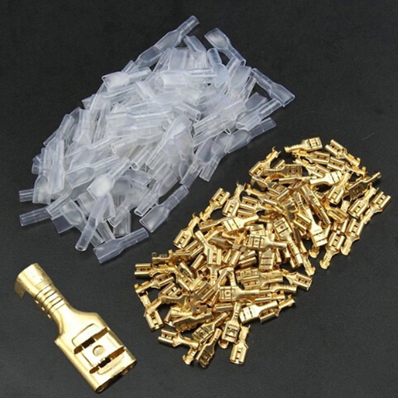 100Pcs 4.8mm Brass Crimp Terminal Female Spade Connectors With Insulating Sleeve