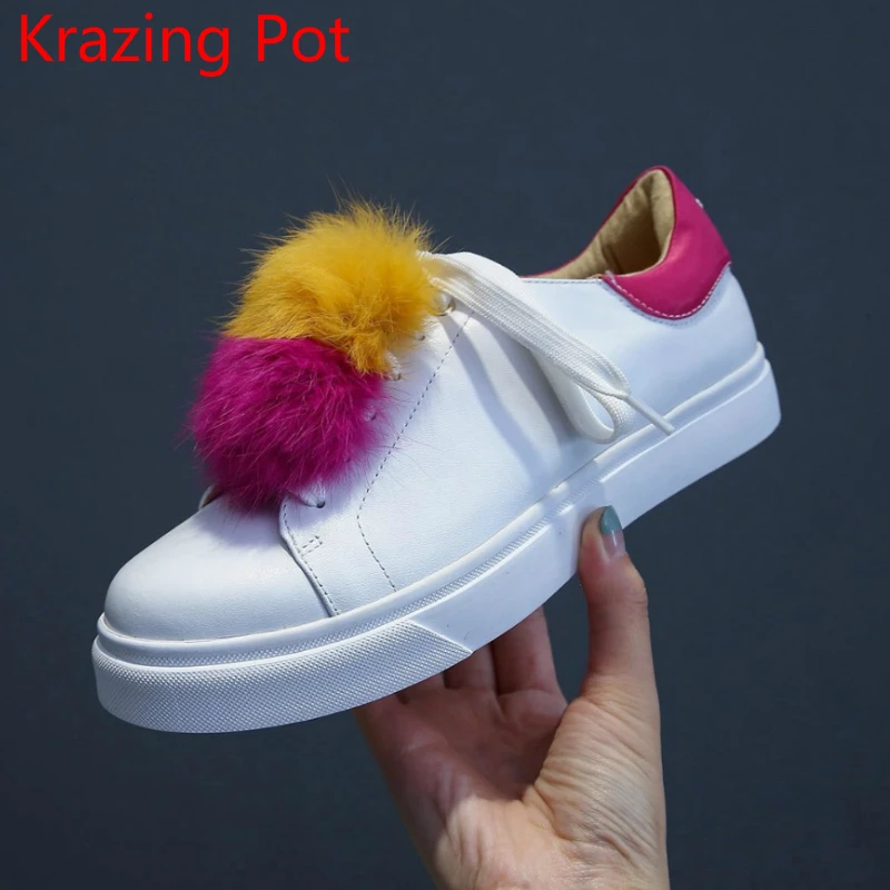 

Fashion Genuine Leather Superstar Lace Up Party Sneaker Solid Causal Shoes Mixed Colors Rabbit Fur Women Vulcanized Shoes L00