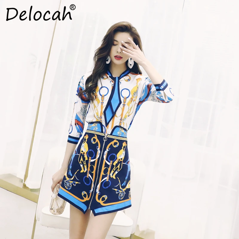

Delocah Women Spring Summer Set Runway Fashion Designer lantern Sleeve Bow Collar Vintage Printed Slim Short Skirt Two Piece Set