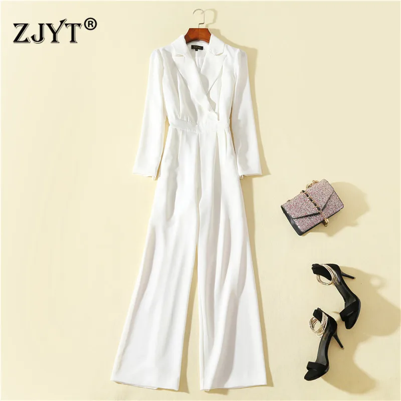 

Fashion Designer Autumn Jumpsuit Women Elegant Long Sleeve Notched Solid White Office Party Rompers Womens Jumspuit Long Pants