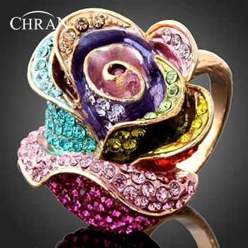 

CHRAN Classic Rose Flower Wedding Party Rings for Women Wholesale Gold Color Crystal Finger Rings Brand Jewelry
