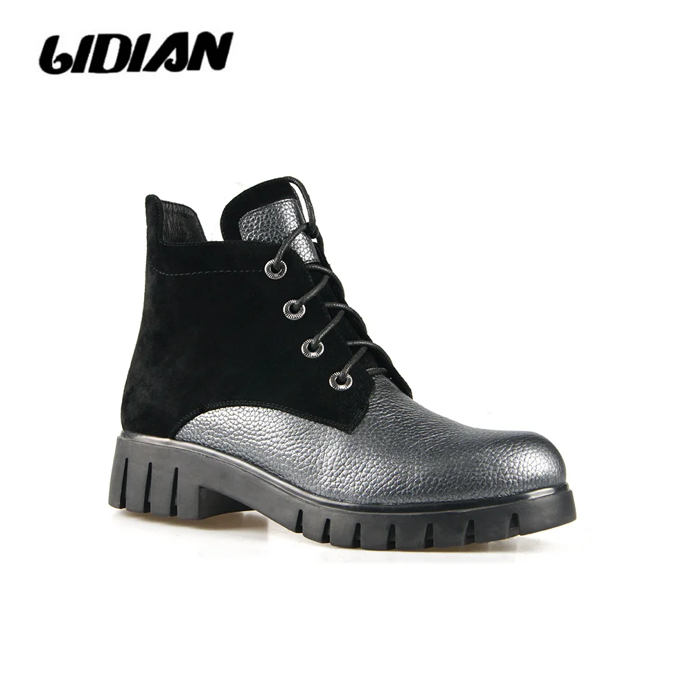 

LIDIAN Winter Ankle Boots For Women Pewter Vintage leather with eyelets lace-up shoes black suede Booties women B23