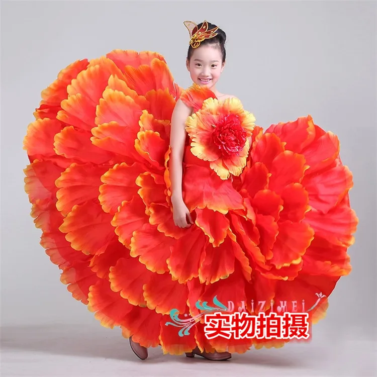 Детский танцевальный костюм, расширенная юбка, костюм, современная танцевальная одежда, юбка с лепестками, платье для испанского фламенко 540 720 - Цвет: red360