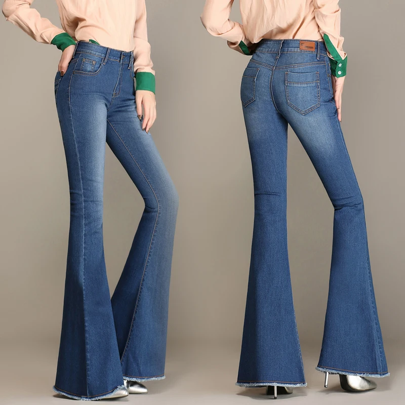 2018 new fashion spring and autumn big flared pants cowgirl trousers stretch large size 26-32 high waist women's jeans