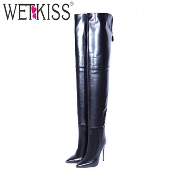 

WETKISS Pu Stiletto Heels Women Boots Zip Pointed Toe Footwear Boot Female Sexy Over The Knee Shoes Woman Winter Plus Size 43