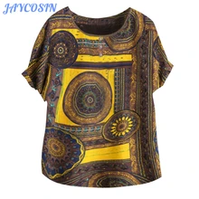 JAYCOSIN одежда женская плюс размер 5XL Boho футболка с принтом женская Повседневная футболка с круглым вырезом и коротким рукавом из хлопка и льна летняя футболка для девочек 719