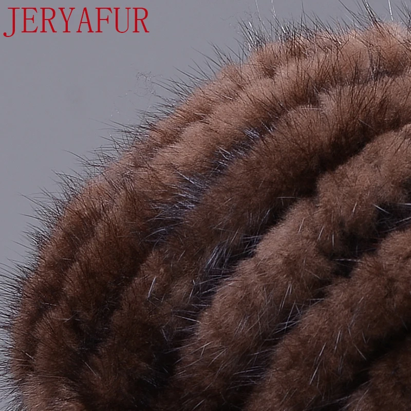 JERYAFUR, новинка, береты, шапка, норковый мех, вязаная шапка, мех норки, шар, зимняя защита, уши, женская шапка, теплая