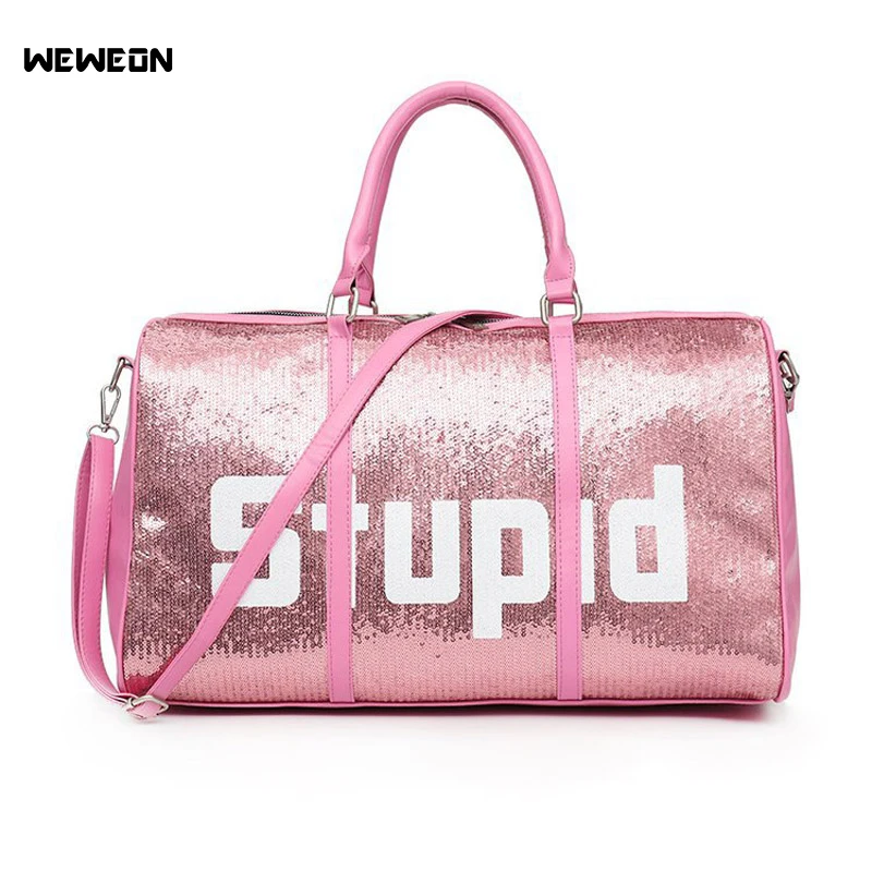 Women Printing Sequin Sport Gym Bag Stylish PU Light Fitness Training