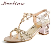 Large Size 9 10 Fashion Women Shoes Ladies Sandals Summer Open Toe T-Strap Party Thick Medium Heels Rhinestone Gold Sliver