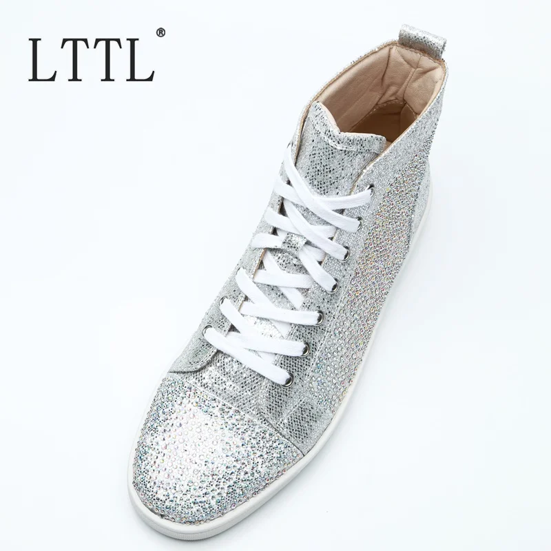 LTTL New Handmade Bling Rhinestone Sneakers Men Lace-up High Top Sneakers Luxury Brand Mens Trainers Fashion Men Ankle Boots