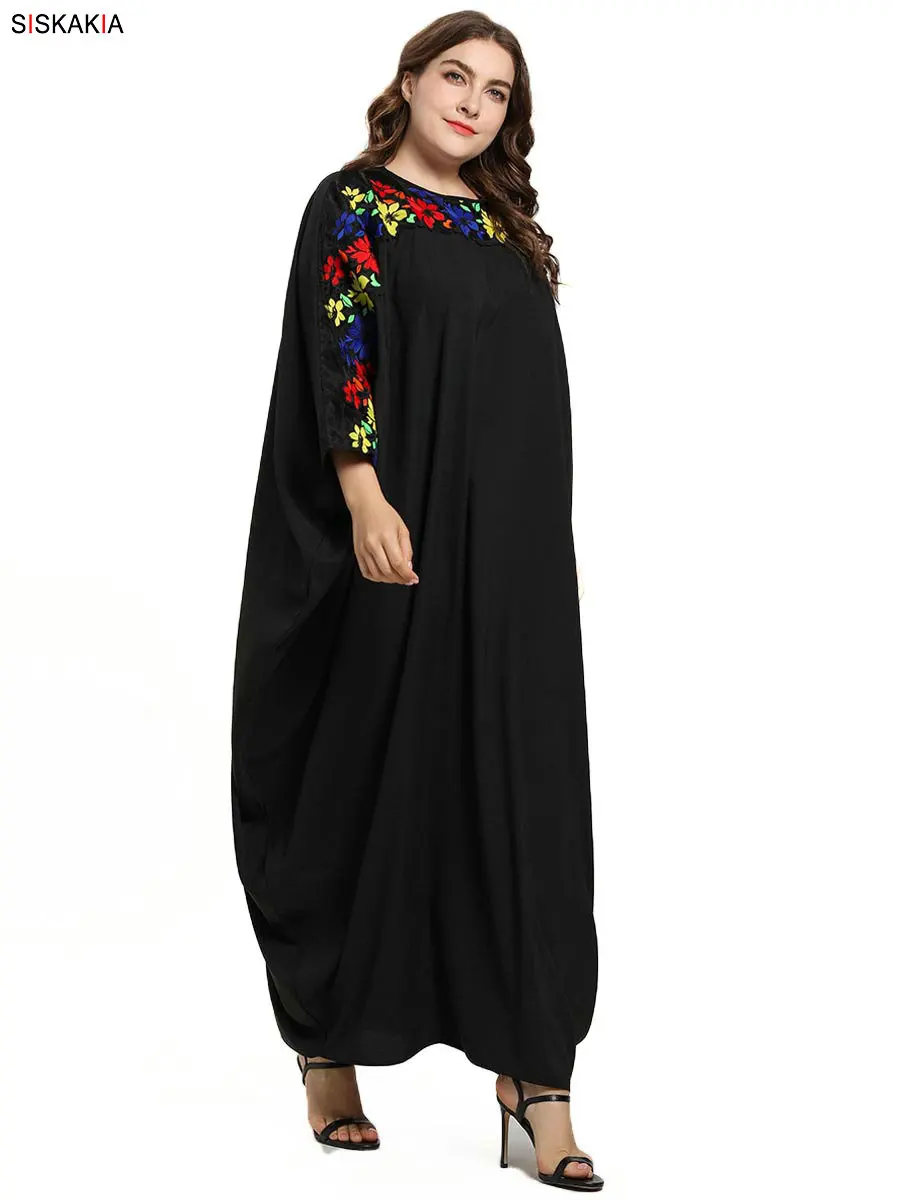 Siskakia/платье с рукавами «летучая мышь» для женщин, элегантная Цветочная вышивка, большие размеры, платья мусульманского черного цвета