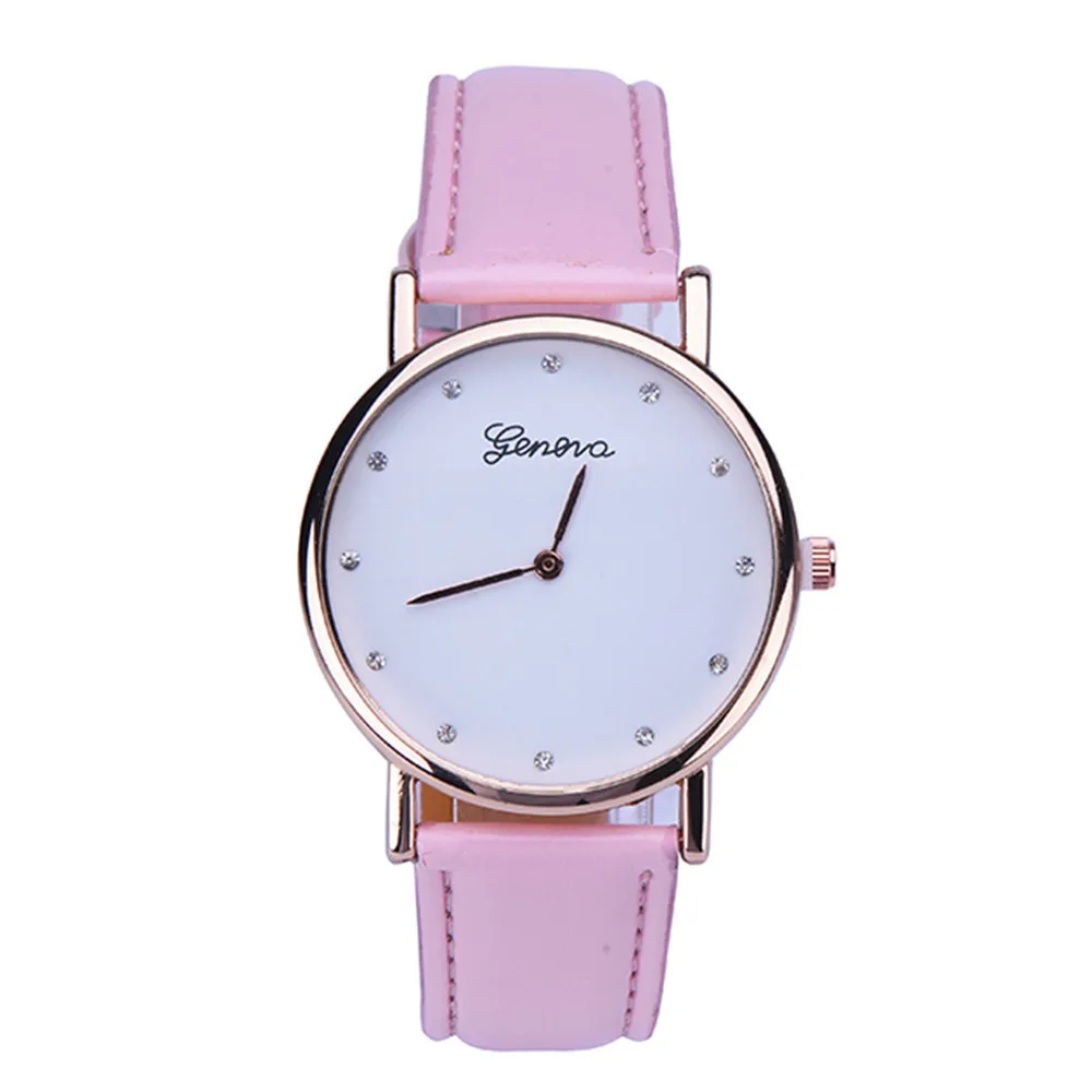 

Geneva Women Rhinestone Dial Leather Analog Quartz Wrist Watch Pink Ladies Bracelets Wristwatch montre femme Reloj Mujer N50