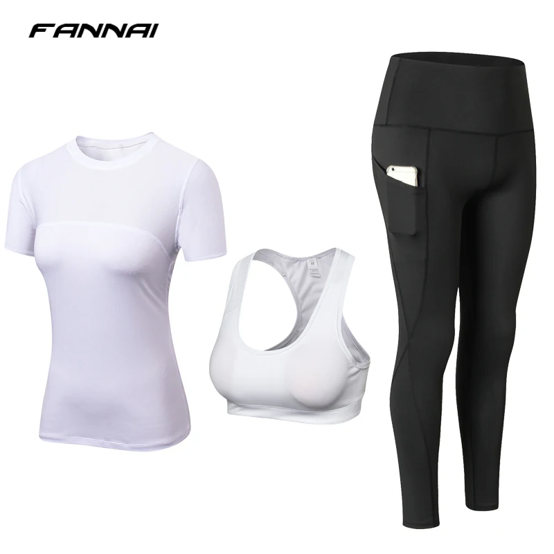 Комплект из 3 предметов, одежда для йоги, костюм, футболка+ бюстгальтер+ штаны, Спортивная быстросохнущая дышащая одежда для бега, фитнеса, спортивная одежда для женщин