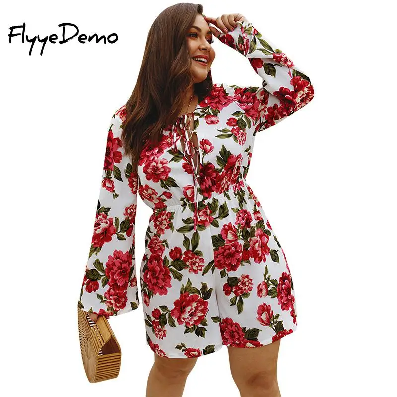 

Lace Up V Neck Women Bohemian Chiffon Floral Playsuit Ladies Elegant Flare Sleeve Jumpsuit 2019 Summer Plus Size Short Overalls