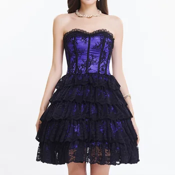 

Purple Satin Black Floral Lace Ruffles Women Sexy Corset Dress Victorian Gothic Clothing Dresses Corselete Feminino Espartilhos