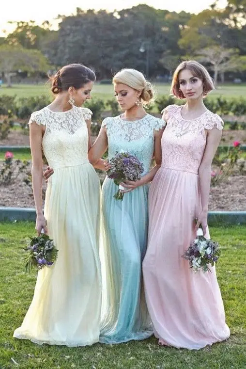 Elegant Floral chiffon lace with short sleeves modest long Pastel