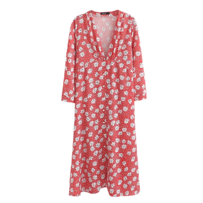 

Women Summer V Neck Three Quarter Sleeve Midi Dress Pleated Floral Print Elegant Mid Calf Dress FFZYQ46