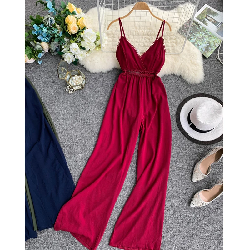 

FTLZZ 2019 New Women's Jumpsuits Vacation Style Retro Sexy V-neck Halter Bow High Waist Leg Lengthy Wide Leg Beach Jumpsuit