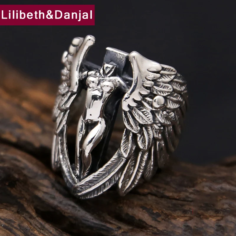 

New Thailand Vintage Punk Rock Ring 100% Real 925 sterling Thai silver Men Women Devil Angel Ring Fashion fine jewelry FR20