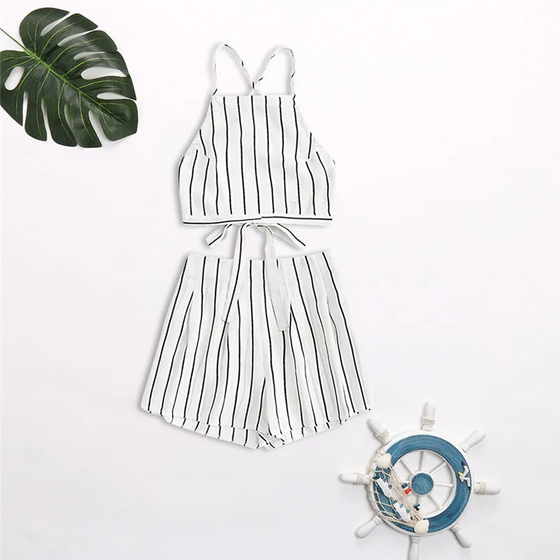 Feitong Hot Sale Casual Sets Women's Stripe Bandage Strap Crop Cami Top With Shorts Set Summer Style Fashion Temperament Set D19 (1)