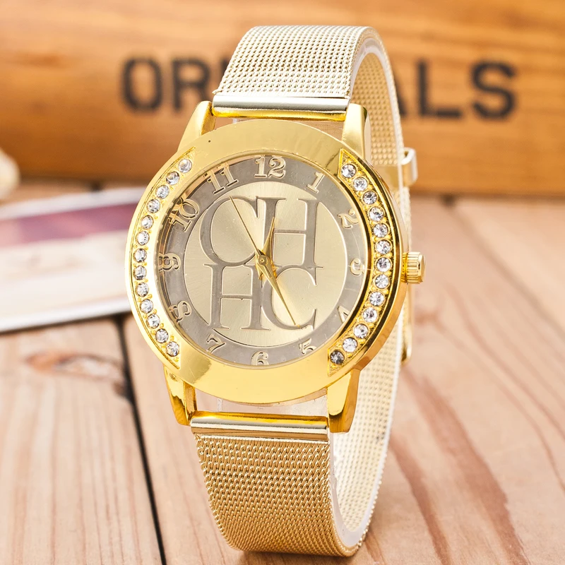 

2017 New Luxury Brand Gold Crystal Casual Quartz Watch Women Metal Mesh Stainless Steel Dress Watches Relogio Feminino Clock Hot
