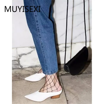 

Mules Slippers Women Full Genuine Leather Pointed Toe 4.5cm Thick Heel Slippers Women Shoes Black White AMX01 MUYISEXI