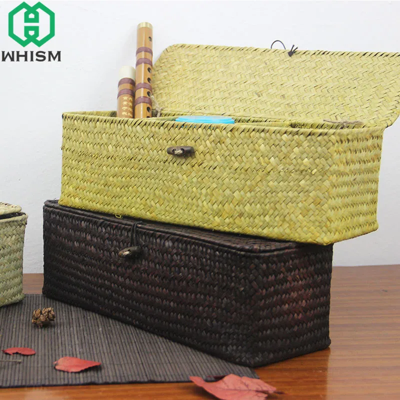 WHISM 3 Compartment Storage Box Wicker Rattan Basket With Cover Sundries Holder Case Container Jewelry Makeup Desktop Organizer