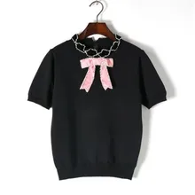 Весна элегантный стиль для буровых воротник хит цвет лук дамы футболку с коротким рукавом свитер