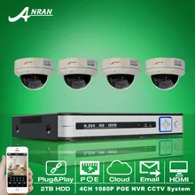 Подключи И Играй 4CH POE NVR Системы ВИДЕОНАБЛЮДЕНИЯ Onvif P2P 1080 P 2.0MP Ful HD Vandalproof Купол ИК POE, Ip-камера Видеонаблюдения комплект